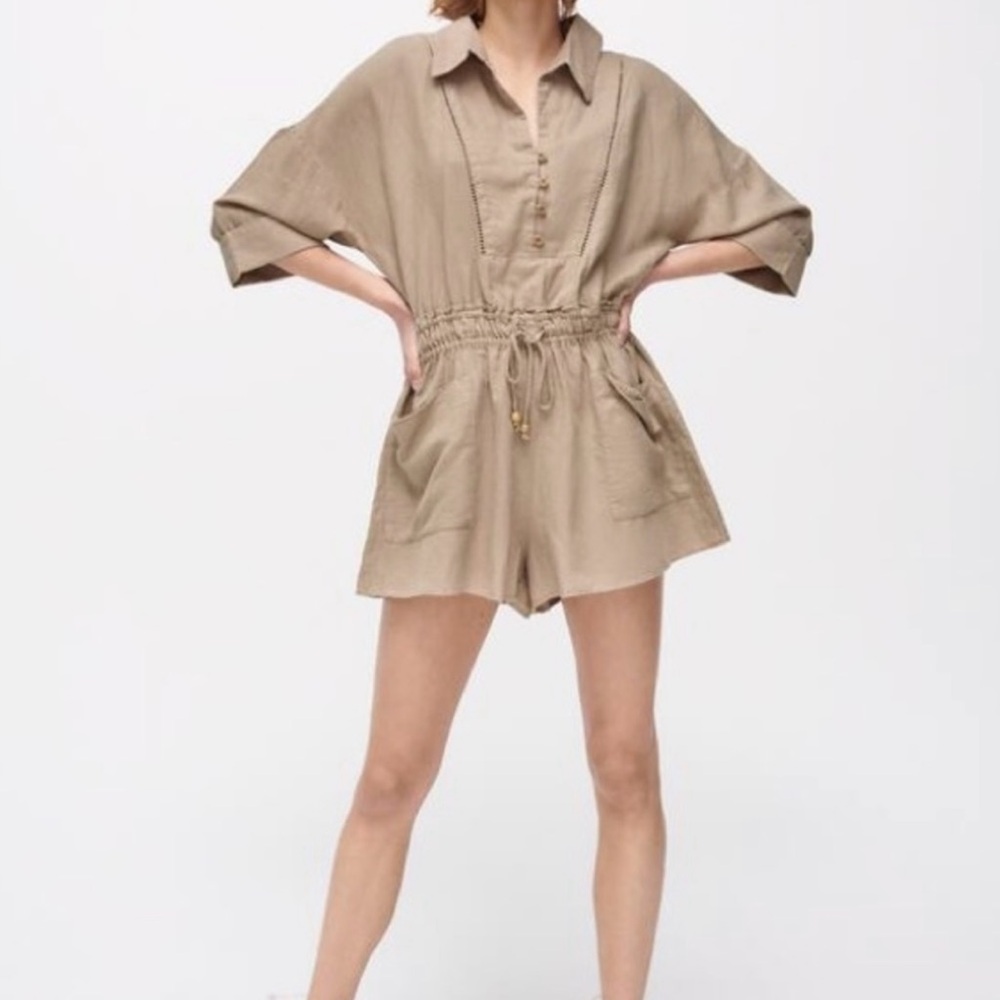 ZARA Linen Cotton Blend Short Oversized Jumpsuit Romper Small